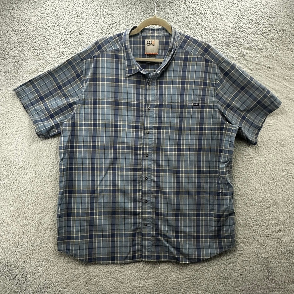 5.11 Tactical Mens 2XL Blue Yellow Plaid Short Sleeve Snap Front Utility Shirt